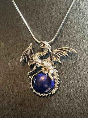 Simulated Lapis Encased by a Silvertone Dragon (328)